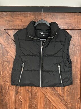 Zara Black Quilted Puffer Vest with Silver Zippers, NEW